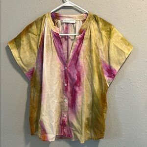 Intuition Paris Cotton Boxy Button Down Short Sleeve Blouse Dyed